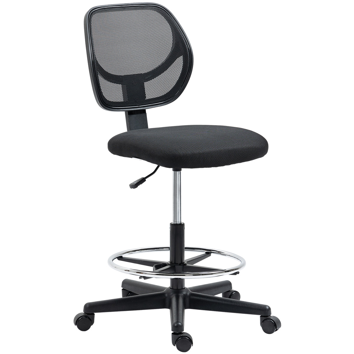 Black armless draughtsman chair with mesh back, padded seat and adjustable foot ring on five wheels