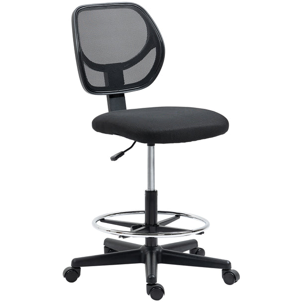 Black armless draughtsman chair with mesh back, padded seat and adjustable foot ring on five wheels