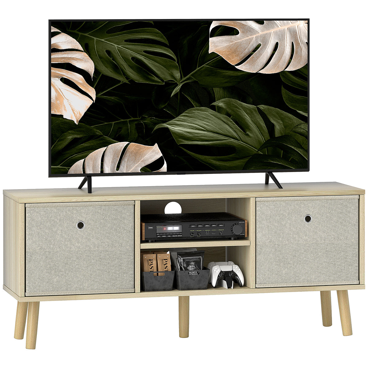 110 cm TV Stand with 2 Removable Fabric Drawers – Natural