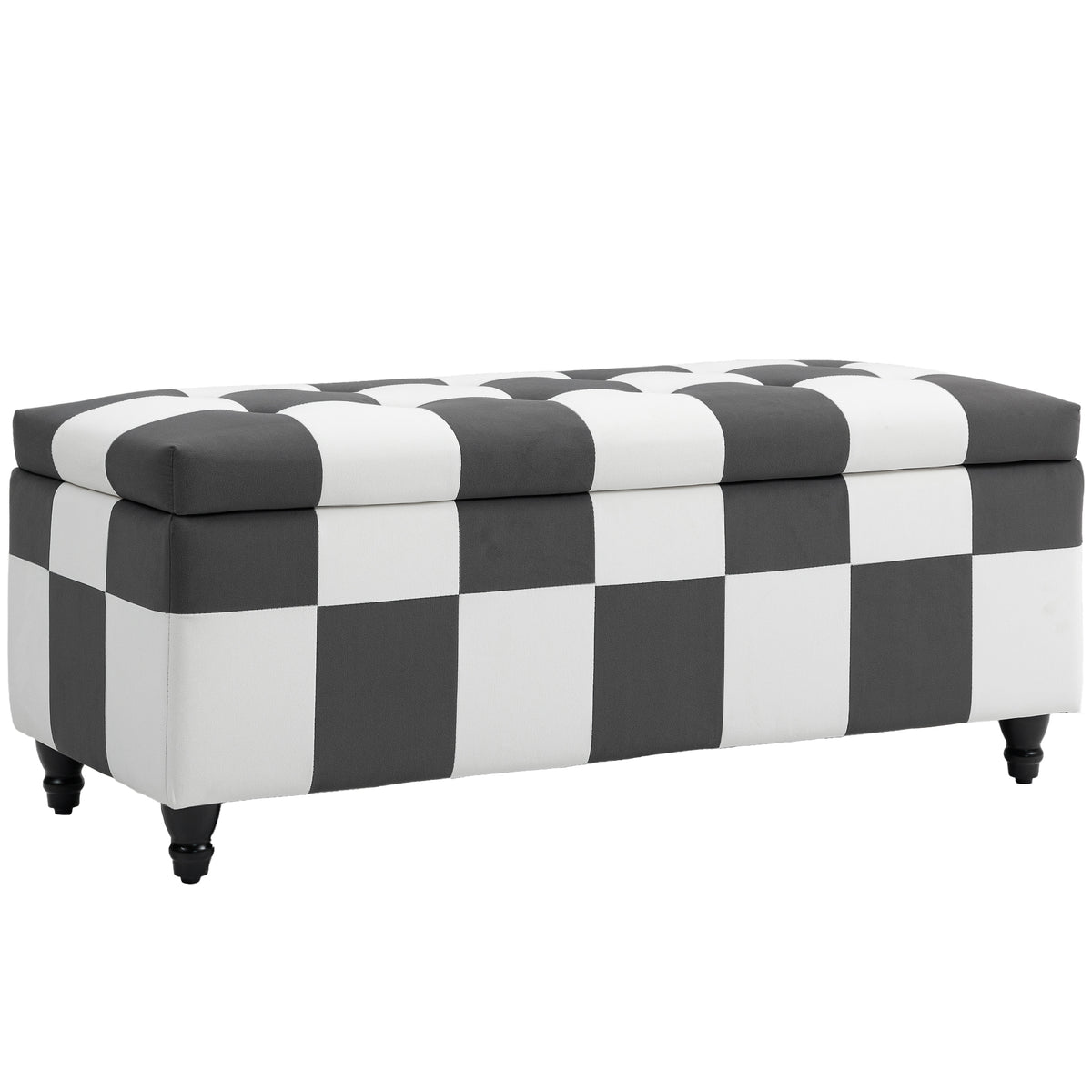 114 cm Velvet Storage Bench with Wooden Legs – Dark Grey & White