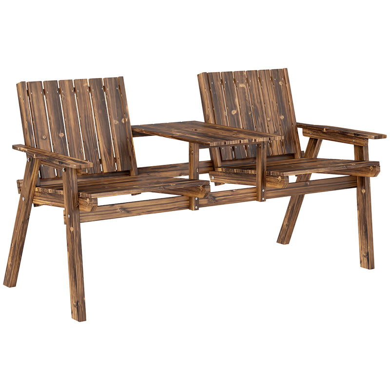 Carbonised wood 2-seater garden loveseat with centre table and parasol hole