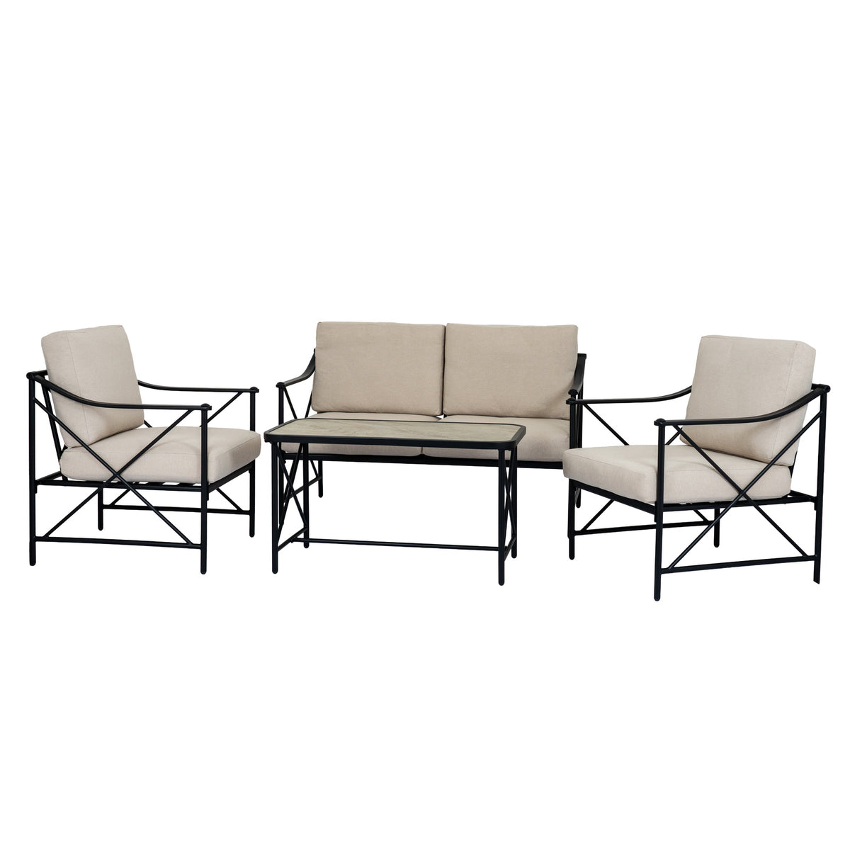 Madison black metal sofa, two armchairs and coffee table