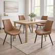 Malmo Tan Faux Leather Dining Chair with Black Legs, four tan dining chairs around a wooden dining table