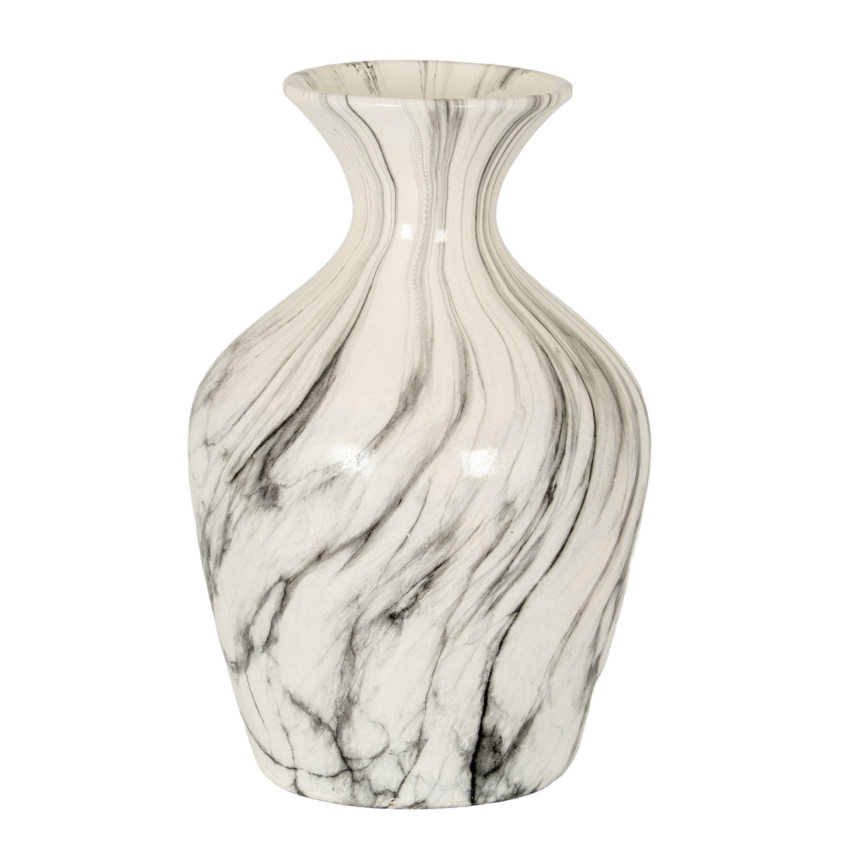 Marble effect ceramic bottle vase in white and grey, front view