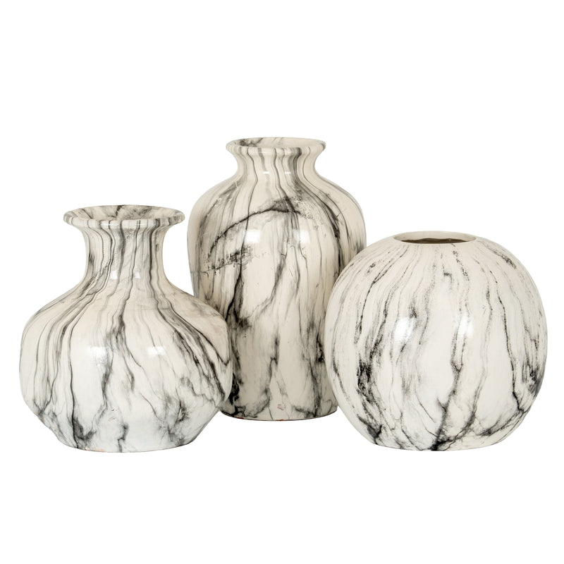 Globe vase shown with two other marble vases, sold separately