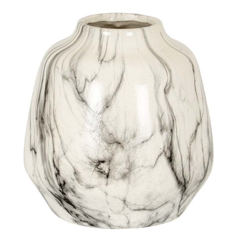 Rounded marble effect ceramic vase in white and grey