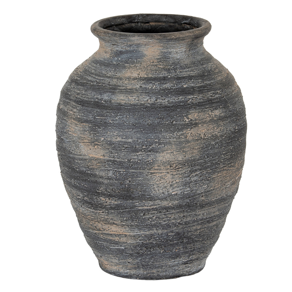 Marra large ribbed charcoal grey ceramic vase, front view