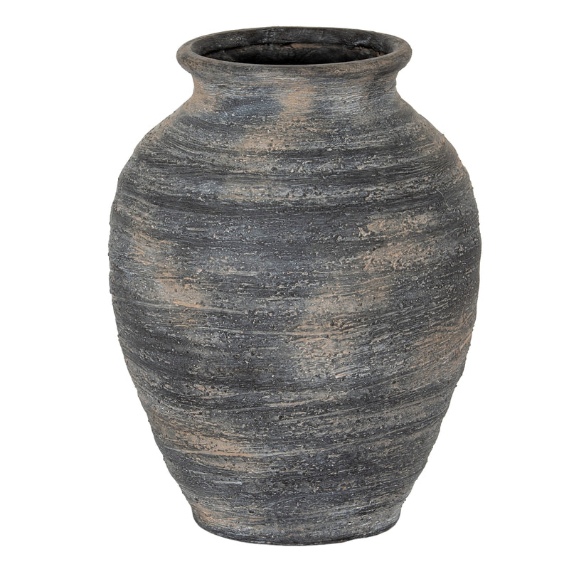 Marra large ribbed charcoal grey ceramic vase, front view