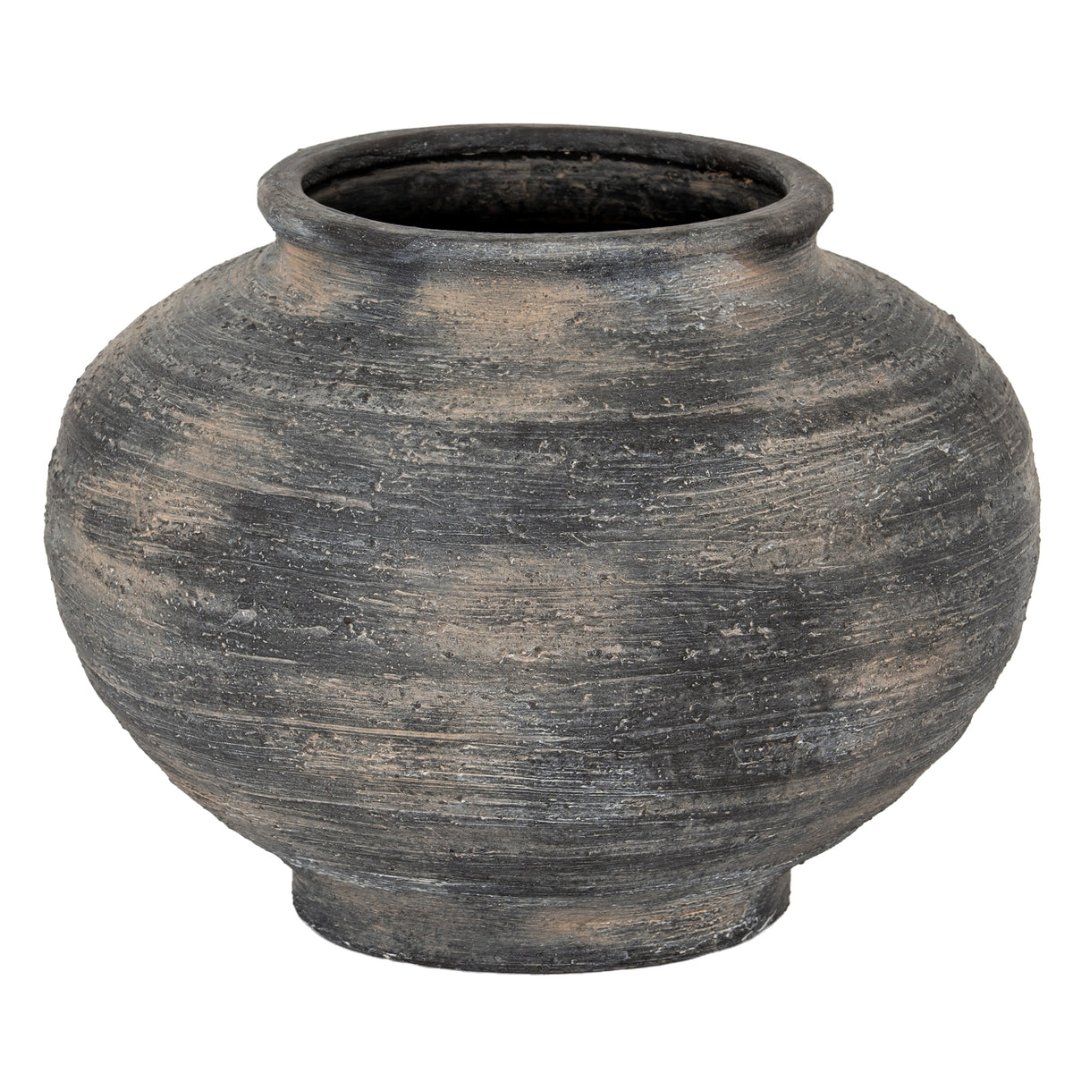 Marra wide squat charcoal grey ceramic vase, front view