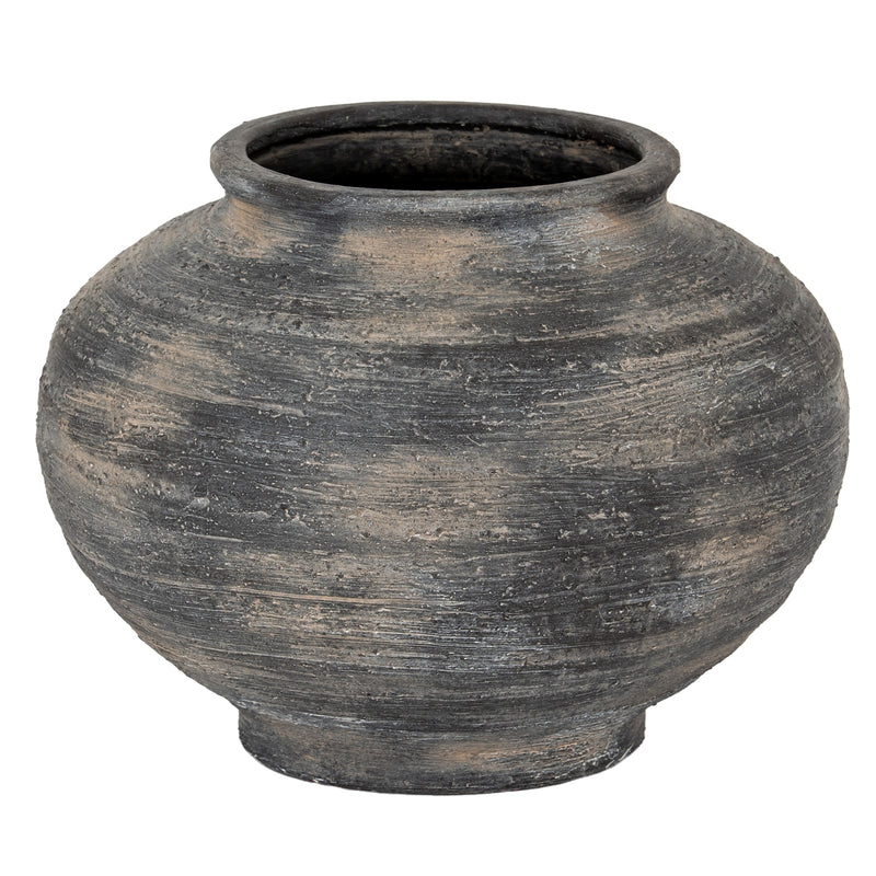 Marra wide squat charcoal grey ceramic vase, front view