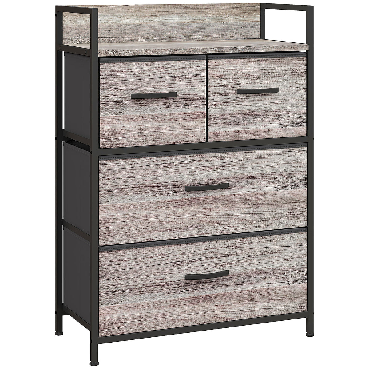 Grey wood-effect rustic chest with four fabric drawers and black steel frame