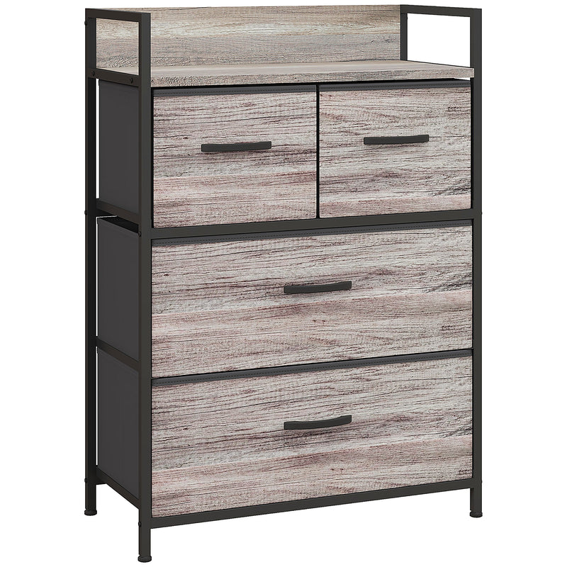 Grey wood-effect rustic chest with four fabric drawers and black steel frame