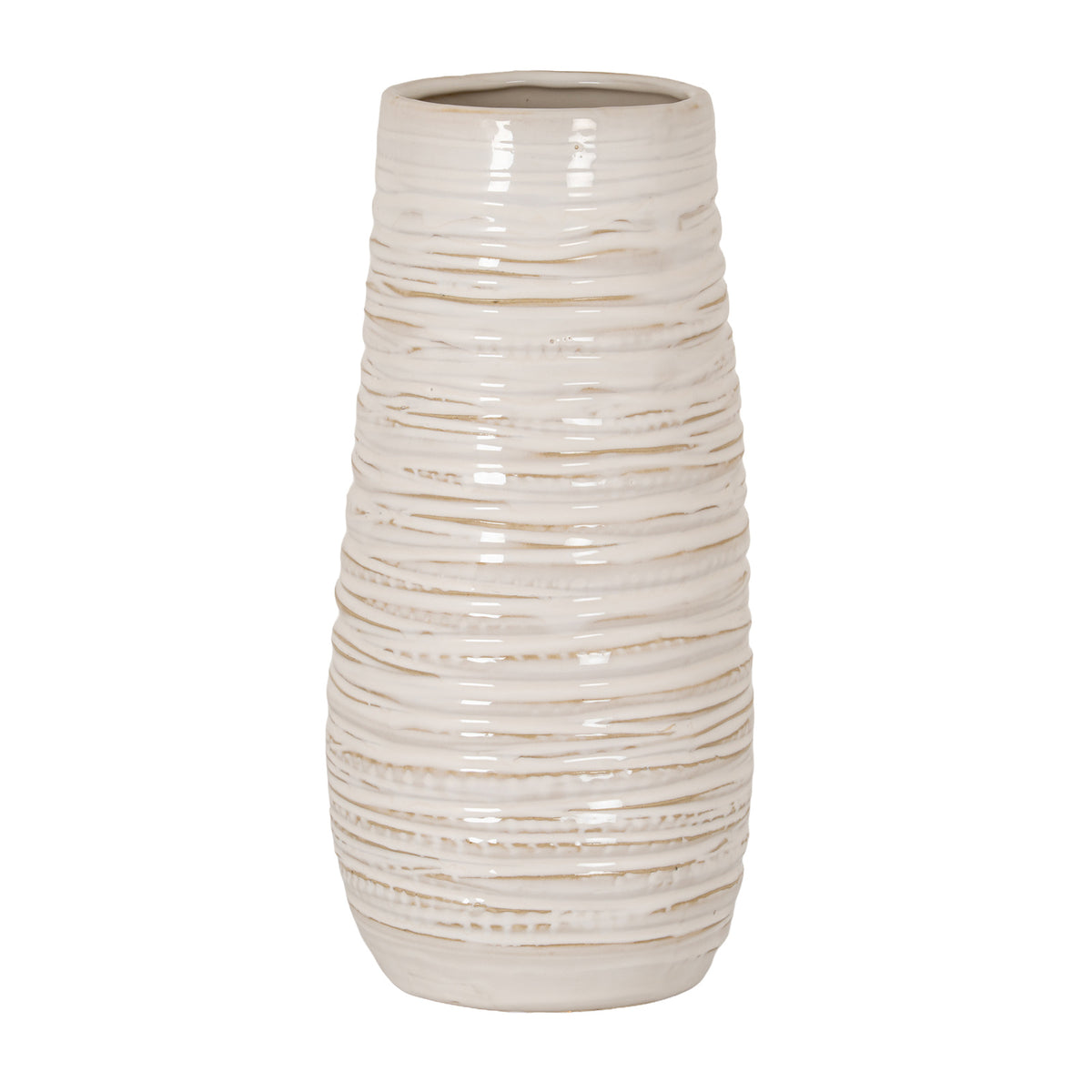 Medium ribbed cream ceramic column vase, front view