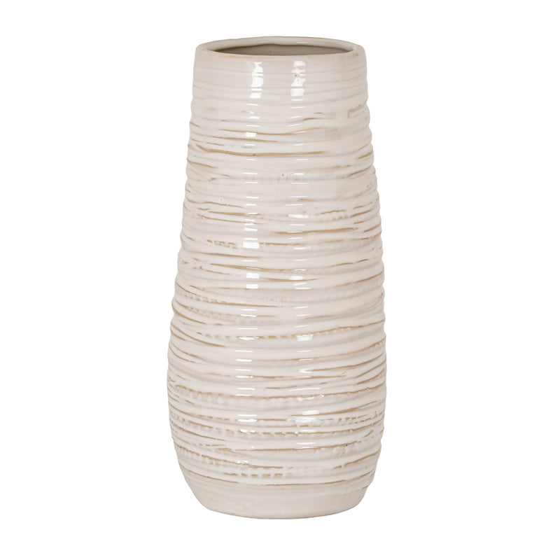 Medium ribbed cream ceramic column vase, front view