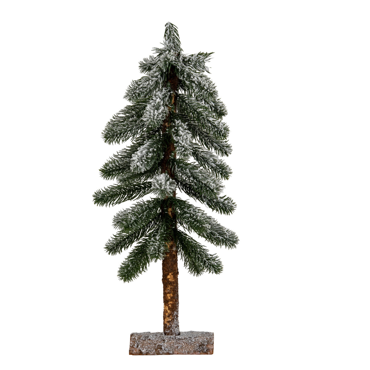 Medium snowy pine Christmas tree on a wooden stand