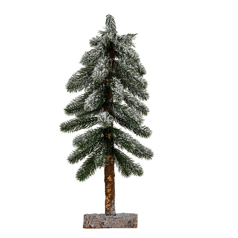 Medium snowy pine Christmas tree on a wooden stand