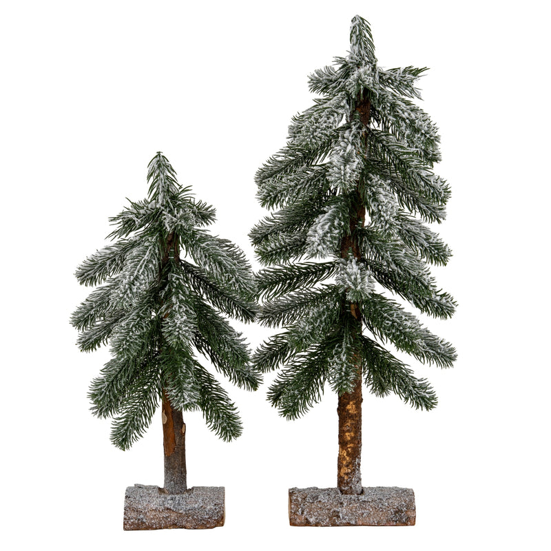 Medium snowy pine tree beside a smaller size, sold separately