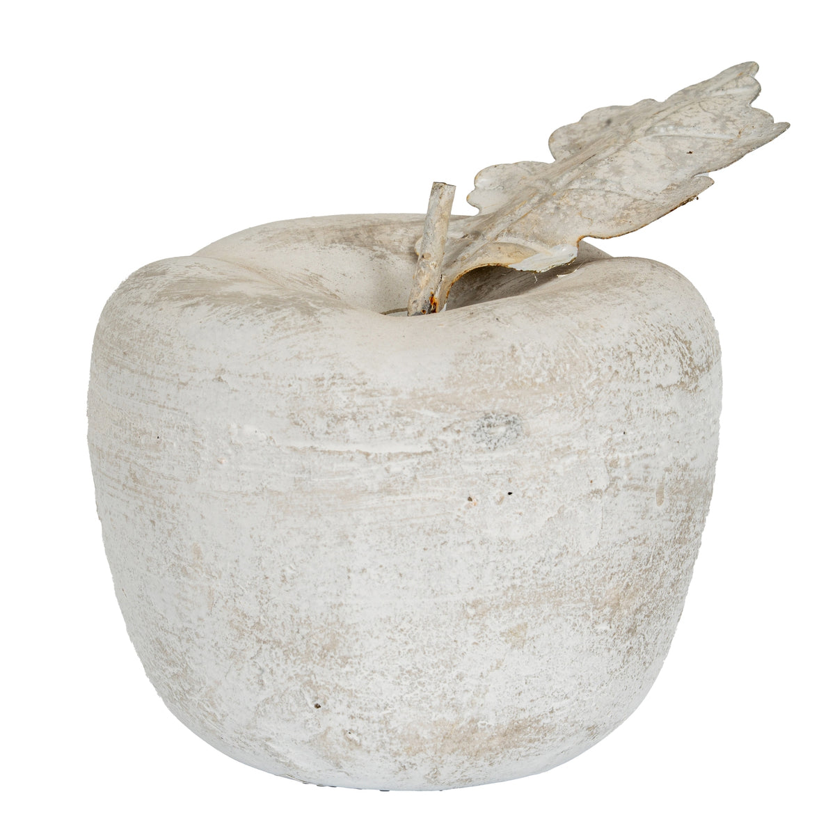 Medium stone apple ornament with leaf, weathered off-white finish