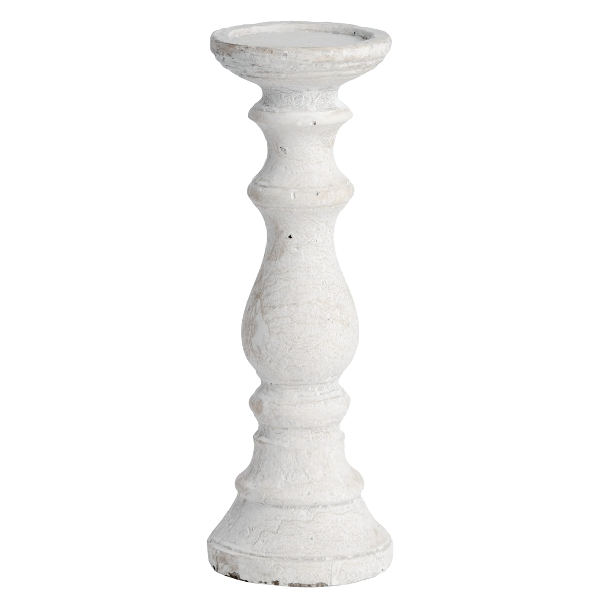 Medium stone candlestick holder in weathered white