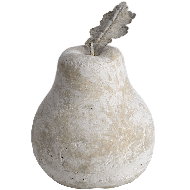 Medium stone pear ornament with leaf, weathered off-white finish