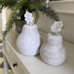 Two stone pears on a white sideboard beside a fern