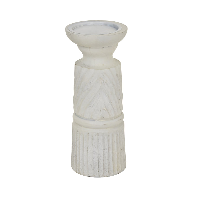 Medium white-washed carved wooden candle holder, front view