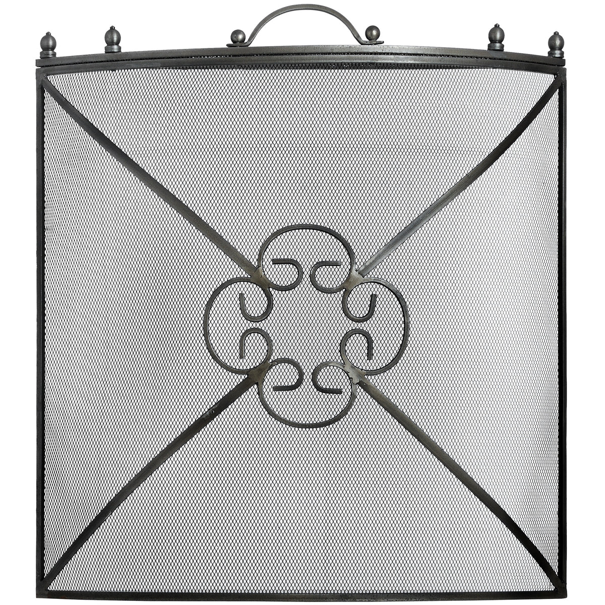 Antique pewter mesh fireguard with clover detail, front view