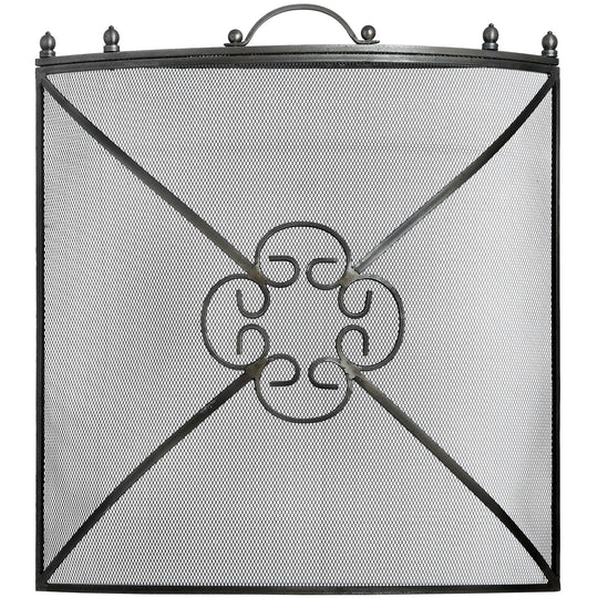 Antique pewter mesh fireguard with clover detail, front view