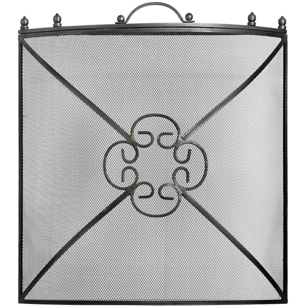 Antique pewter mesh fireguard with clover detail, front view