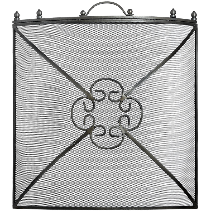Antique pewter mesh fireguard with clover detail, front view