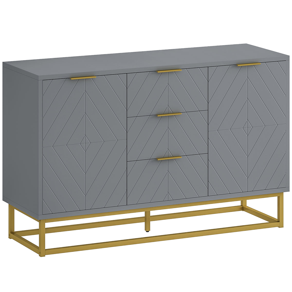 Grey 120 cm sideboard with three drawers, two cupboards and gold-tone metal base