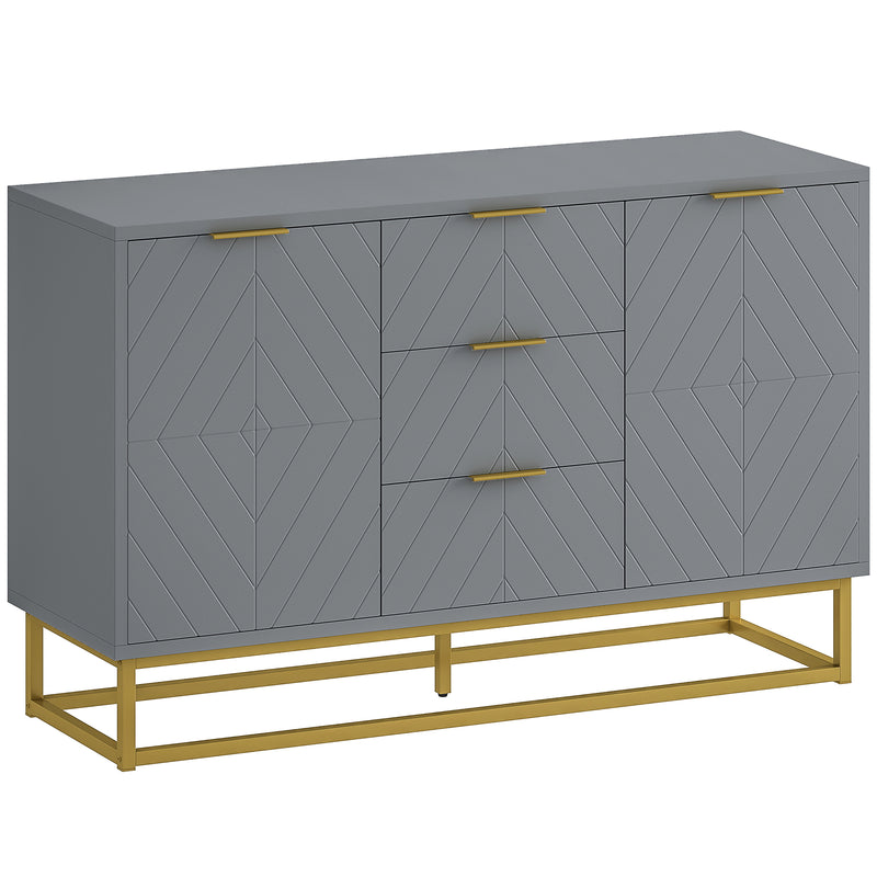 Grey 120 cm sideboard with three drawers, two cupboards and gold-tone metal base