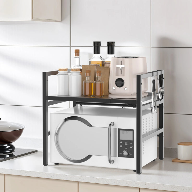 Expandable microwave rack on a kitchen countertop