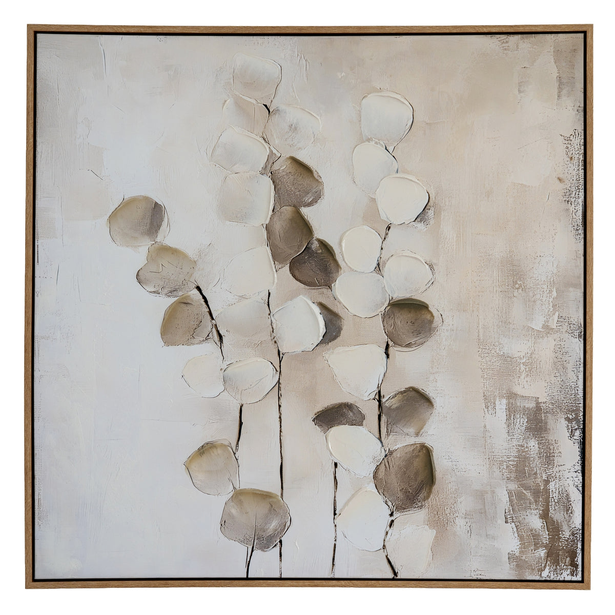Mistora hand-painted leaf canvas in a light wood-tone frame, front view