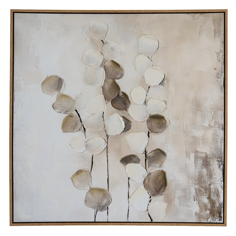 Mistora hand-painted leaf canvas in a light wood-tone frame, front view