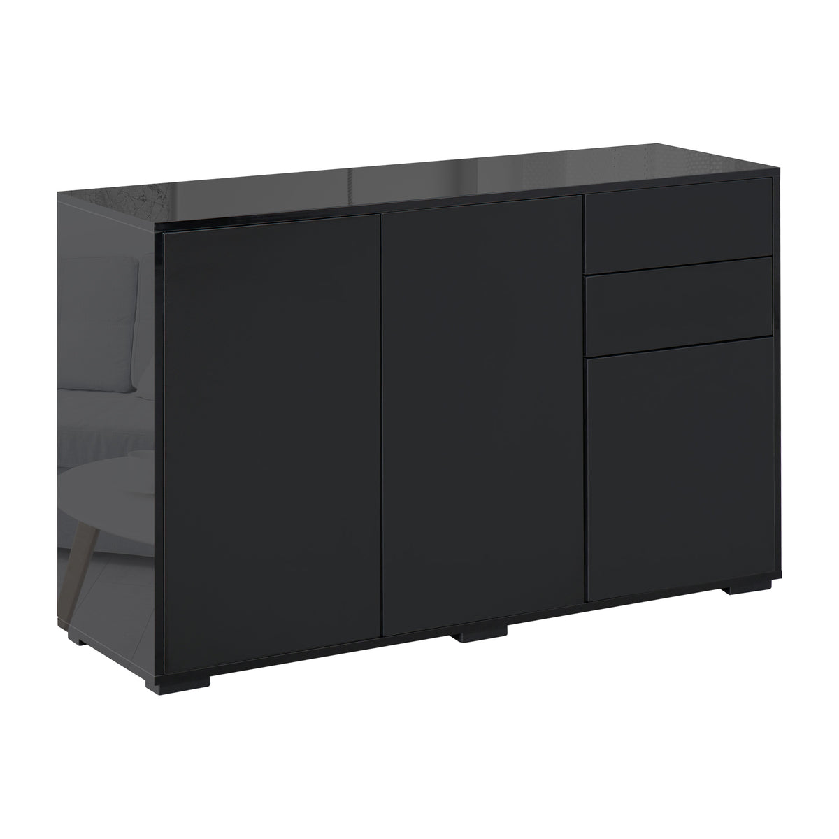 Black handle-free sideboard with high gloss frame, two push-open drawers and two cupboards