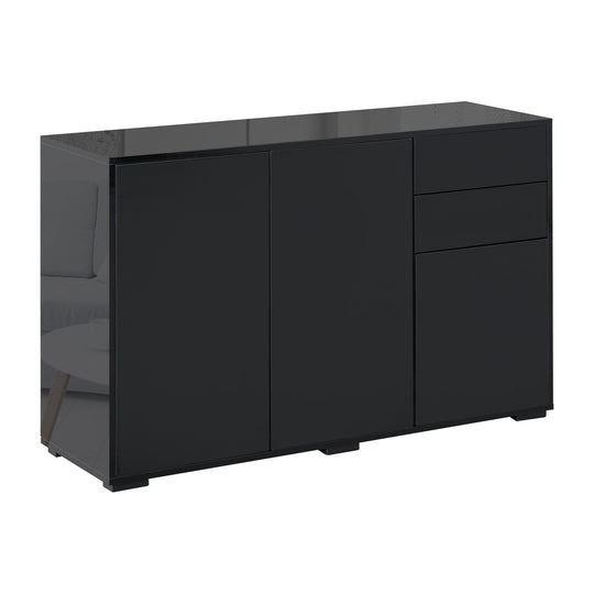 Black handle-free sideboard with high gloss frame, two push-open drawers and two cupboards