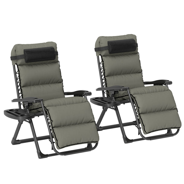 Set of 2 grey zero gravity recliner chairs with seat cushions, head pillows and side trays