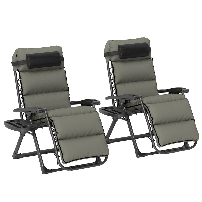 Set of 2 grey zero gravity recliner chairs with seat cushions, head pillows and side trays