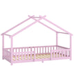 Pink house-shaped kids single bed in solid pine with roof frame and dual guardrails