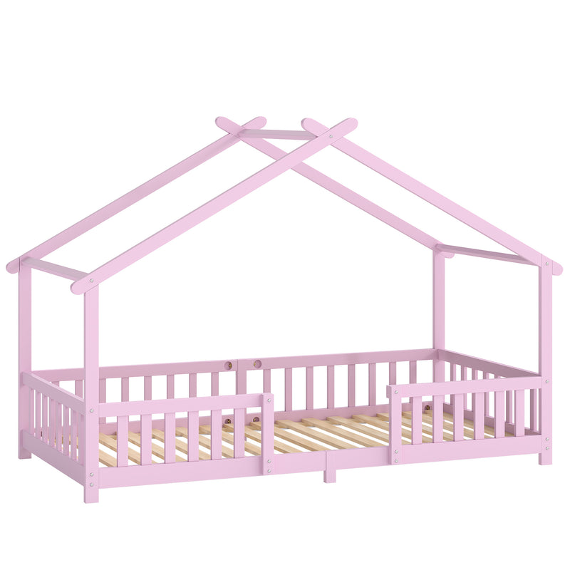 Pink house-shaped kids single bed in solid pine with roof frame and dual guardrails