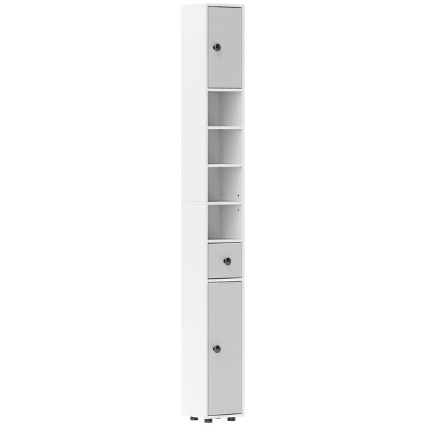 Slim light grey 180 cm bathroom cabinet with drawer, two cupboards and open shelves