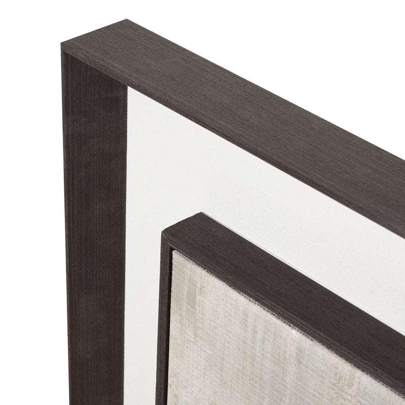 Corner of the dark wood frame and linen mount