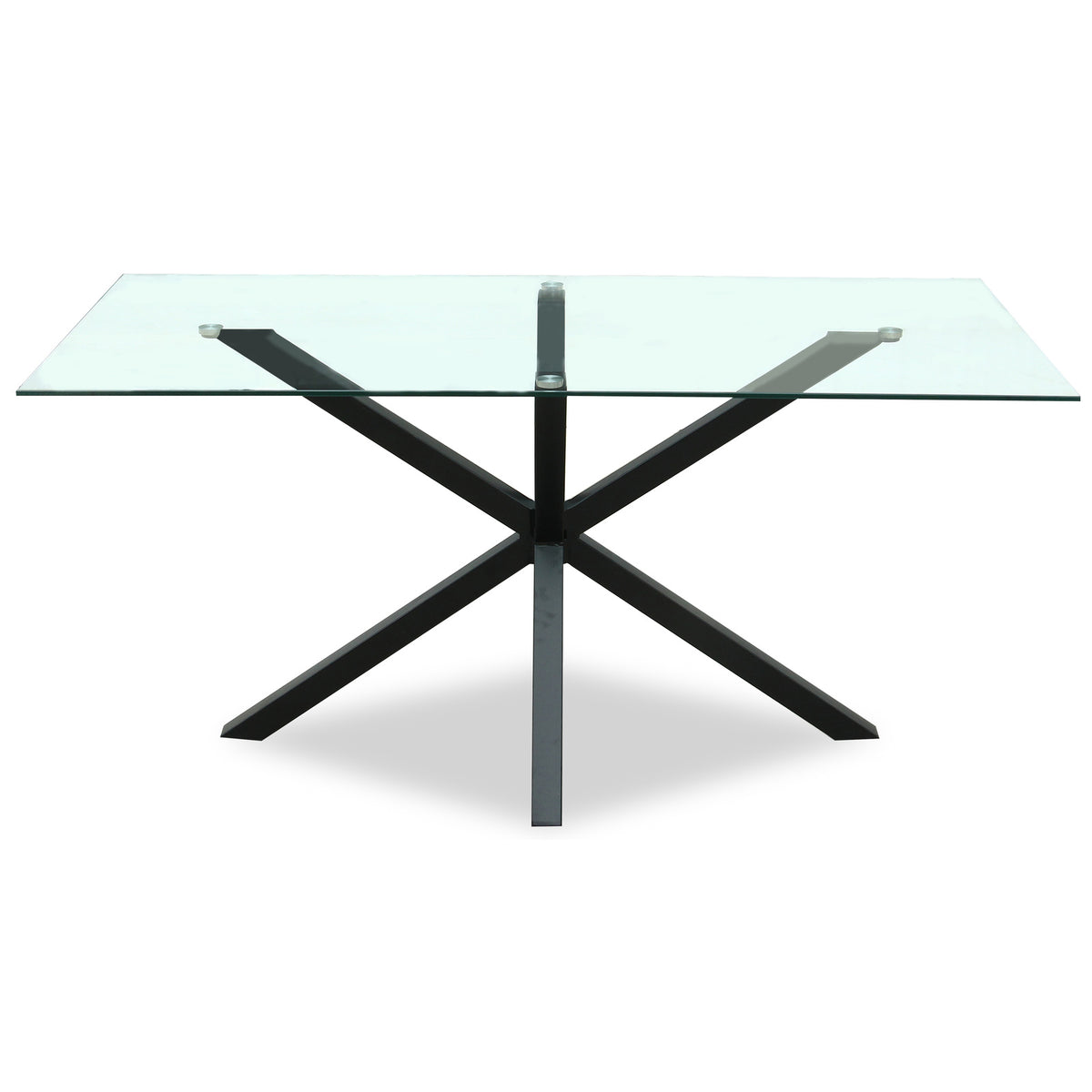 Monza clear glass dining table with black crossed-leg base