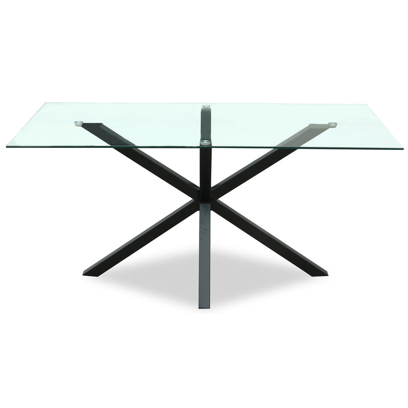 Monza clear glass dining table with black crossed-leg base