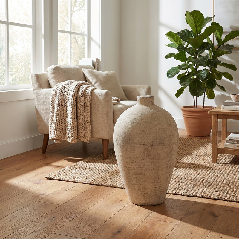 Morrow vase on a wooden floor in a living room