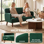 Velvet Feel Fabric 2 Seater Sofa, Small Sofa Loveseat with 21cm Thick Padding and Wood Legs, Dark Green