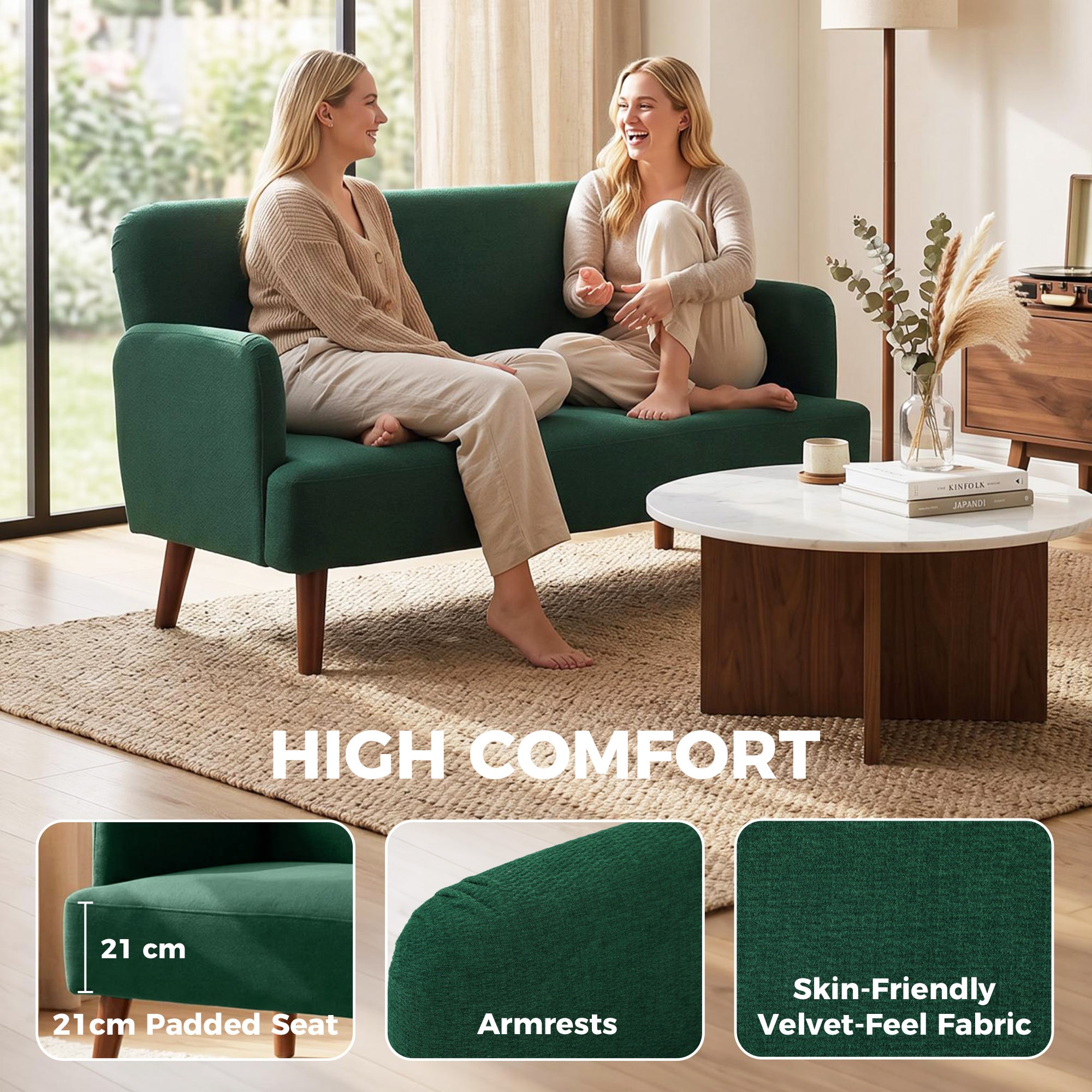 Velvet Feel Fabric 2 Seater Sofa, Small Sofa Loveseat with 21cm Thick Padding and Wood Legs, Dark Green