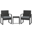 3-piece black rattan bistro set with two light grey cushioned armchairs and a square glass top table