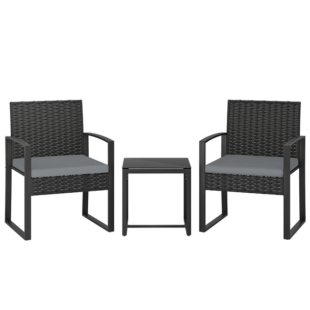 3-piece black rattan bistro set with two light grey cushioned armchairs and a square glass top table